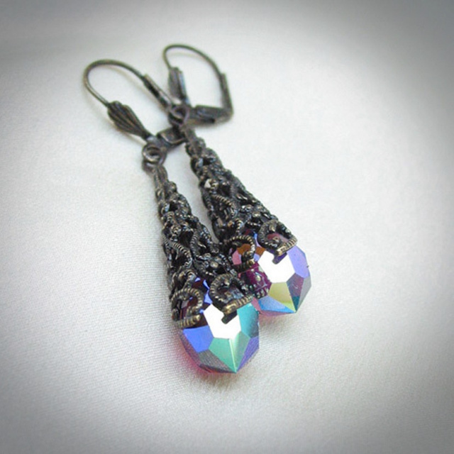 Aurora Borealis Amethyst Crystal Filigree Earrings