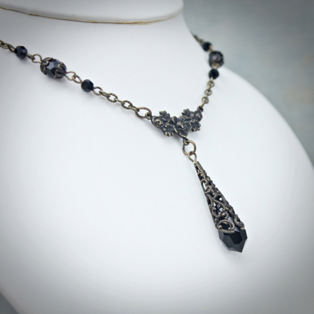 Jet Black Crystal Lavalier Necklace