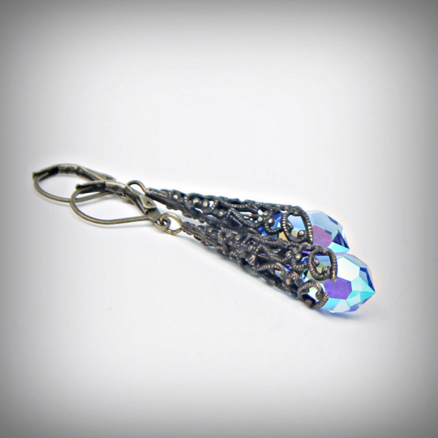 Sapphire Crystal Filigree Drop Earrings - Aurora Borealis Finish