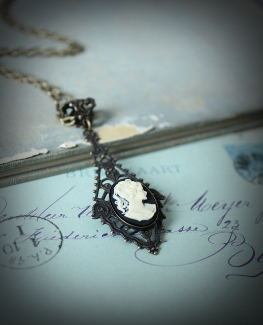 Black and Ivory Filigree Cameo Necklace