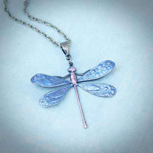 Mystic Blue Art Nouveau Dragonfly Pendant Necklace