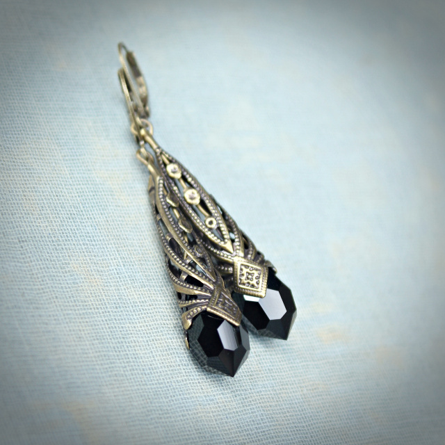 Art Deco Jet Black Crystal Drop Earrings
