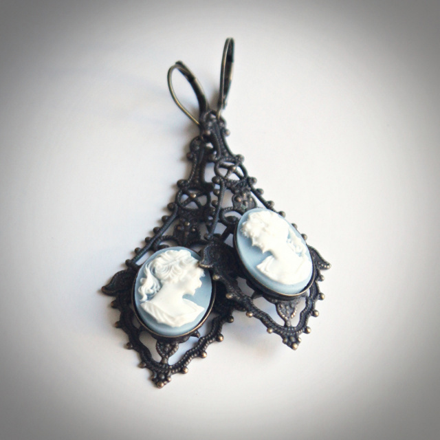 Large Blue Cameo Earrings in Vintage Style