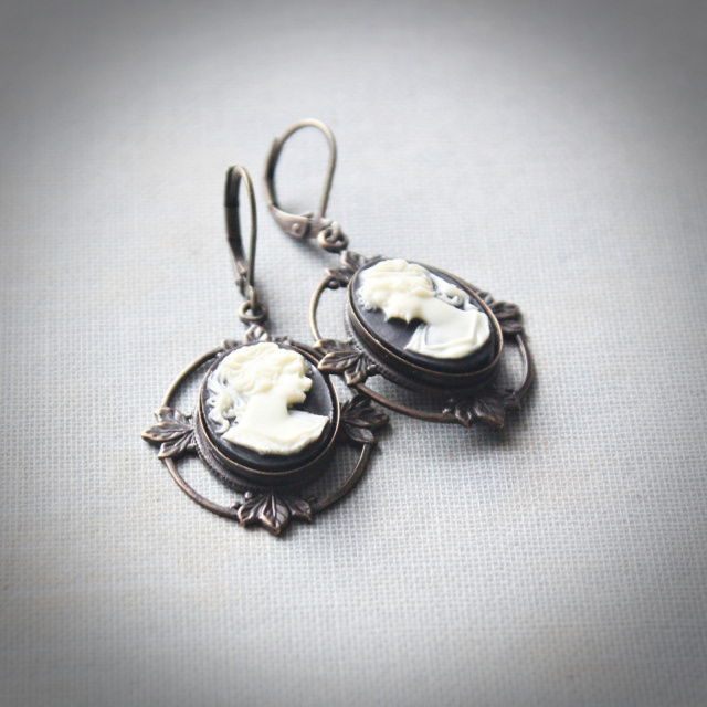 Large Black and Ivory Cameo Earrings