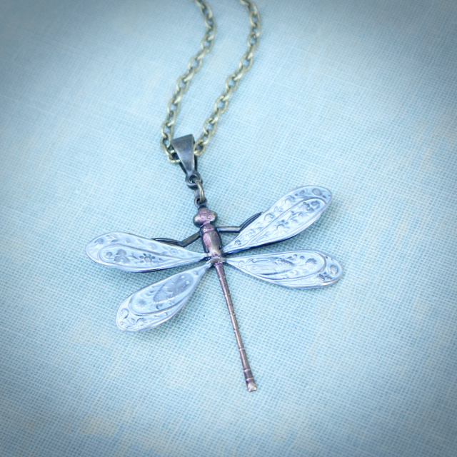 Light Frosty Blue Art Nouveau Dragonfly Pendant Necklace