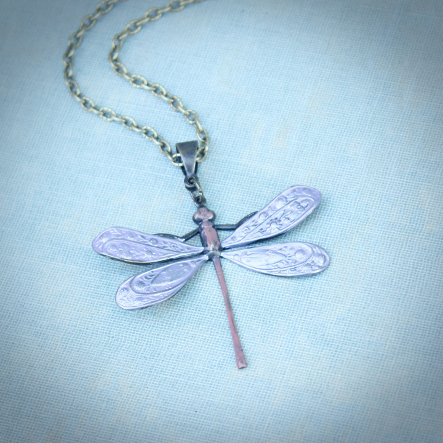 Light Frosty Purple Art Nouveau Dragonfly Pendant Necklace