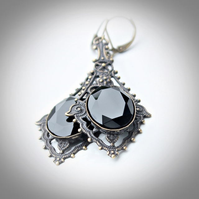 Large Faceted Black Onyx Filigree Earrings