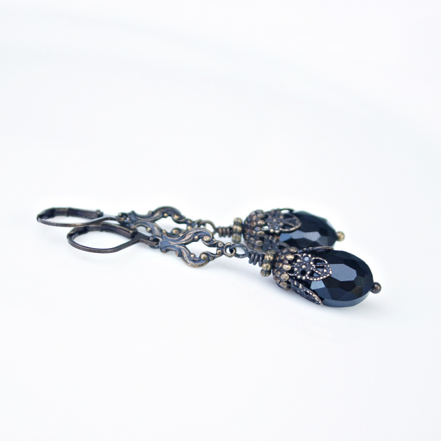 Long Filigree Earrings in Jet Black Crystal