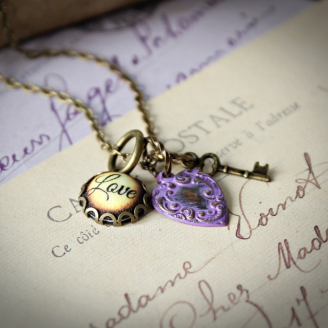 Charm Necklace - Love Heart and Key in Purple