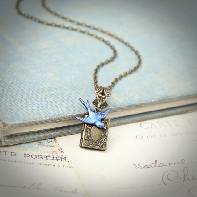 Miniature Book Locket - Mystic Blue Sparrow Necklace