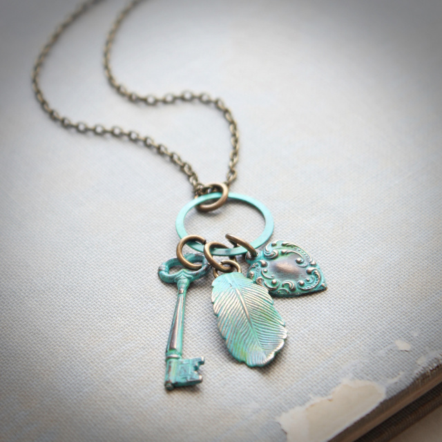 Key, Feather and Heart Long Patina Necklace