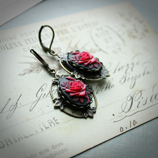 Vintage Style Red Rose Cameo Earrings