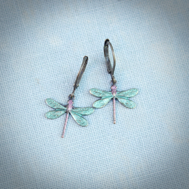 Small Frosty Green Dragonfly Earrings